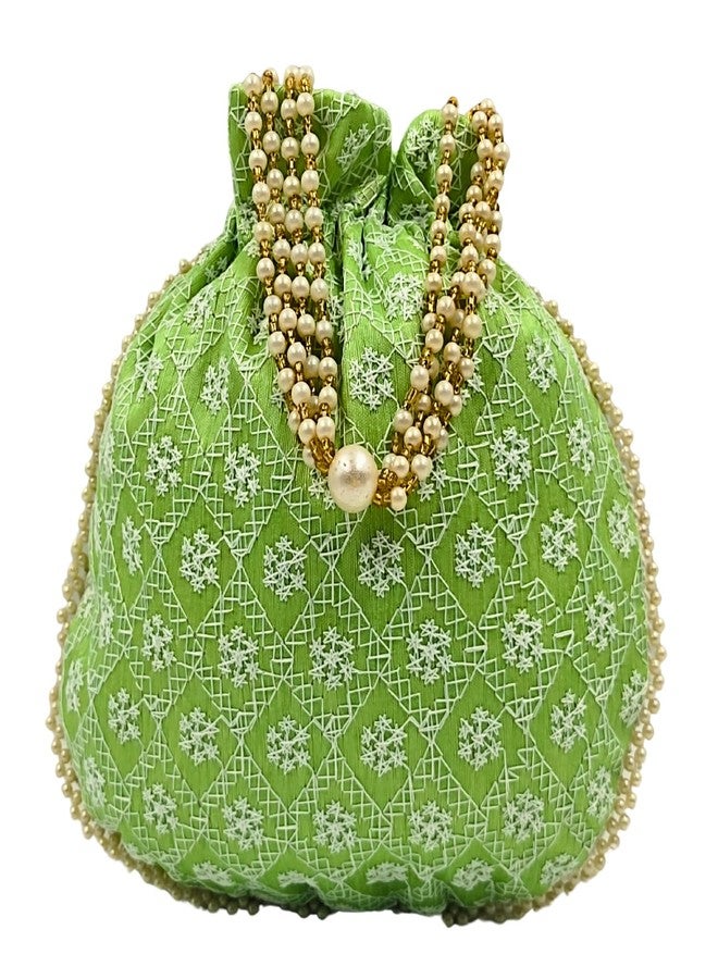 exotique Green Embroidered Potli Bag for Women | Designer Silk Potli with Beaded Handle & Tassels | 8"x0.7"x8.5", Strap Drop 4.5 | Wedding, Bridal & Festive Pouch |HW0021GR - Image 1